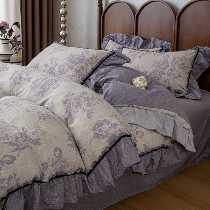 91家纺网 家纺一手货源 找家纺 （总）芯贝儿 2025新款加厚原麻复古风亚麻皱皱双层纱水洗m花边四件套