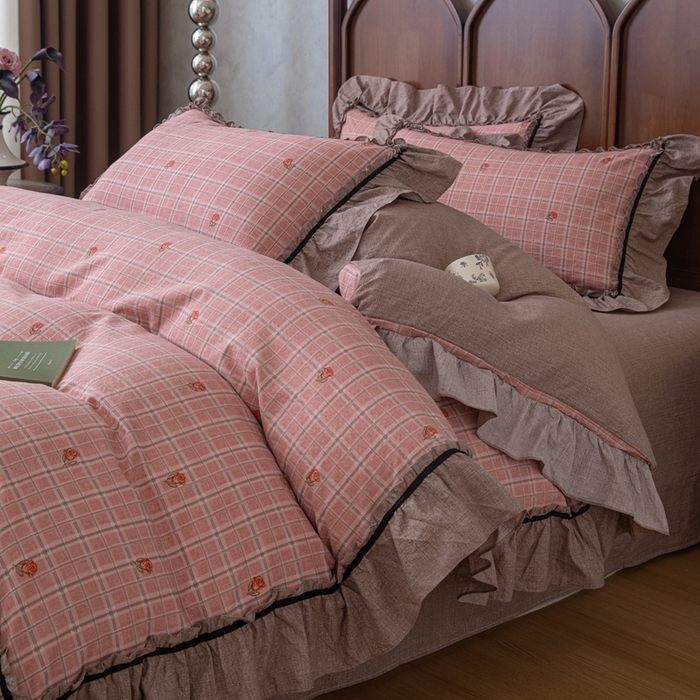 91家纺网 家纺一手货源 找家纺 （总）芯贝儿 2025新款加厚原麻复古风亚麻皱皱双层纱水洗m花边四件套