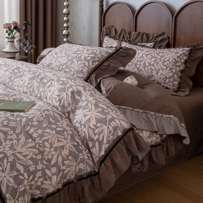 91家纺网 家纺一手货源 找家纺 （总）芯贝儿 2025新款加厚原麻复古风亚麻皱皱双层纱水洗m花边四件套