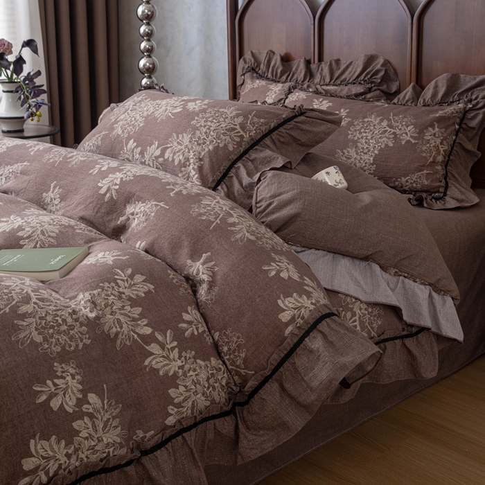 91家纺网 家纺一手货源 找家纺 （总）芯贝儿 2025新款加厚原麻复古风亚麻皱皱双层纱水洗m花边四件套