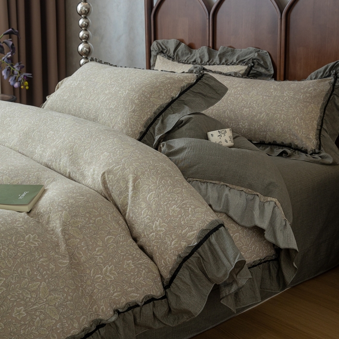 91家纺网 家纺一手货源 找家纺 （总）芯贝儿 2025新款加厚原麻复古风亚麻皱皱双层纱水洗m花边四件套