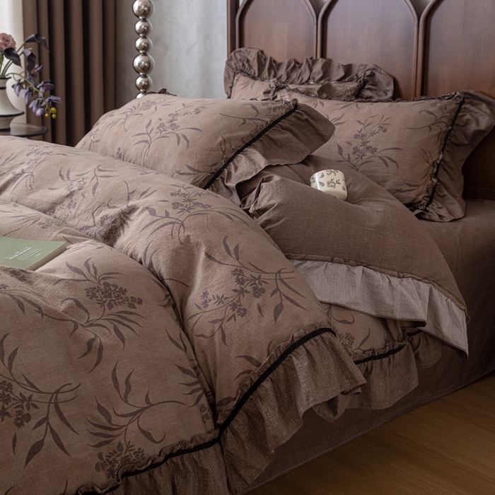 91家纺网 家纺一手货源 找家纺 （总）芯贝儿 2025新款加厚原麻复古风亚麻皱皱双层纱水洗m花边四件套