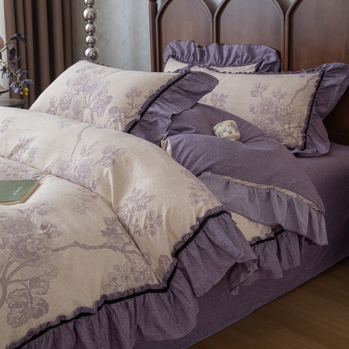 91家纺网 家纺一手货源 找家纺 （总）芯贝儿 2025新款加厚原麻复古风亚麻皱皱双层纱水洗m花边四件套