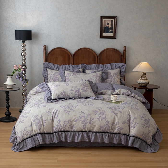 91家纺网 家纺一手货源 找家纺 芯贝儿 2025新款加厚原麻复古风亚麻皱皱双层纱水洗m花边四件套 花影--紫