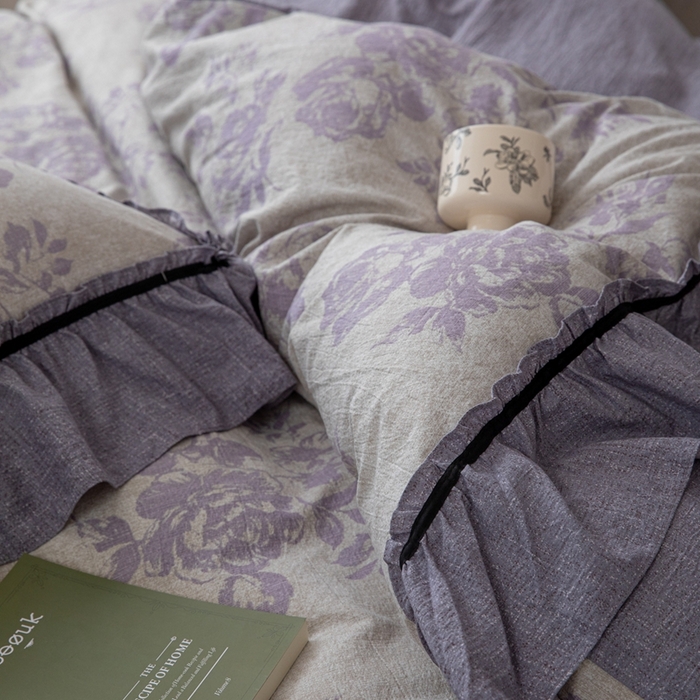 91家纺网 家纺一手货源 找家纺 芯贝儿 2025新款加厚原麻复古风亚麻皱皱双层纱水洗m花边四件套 花影--紫