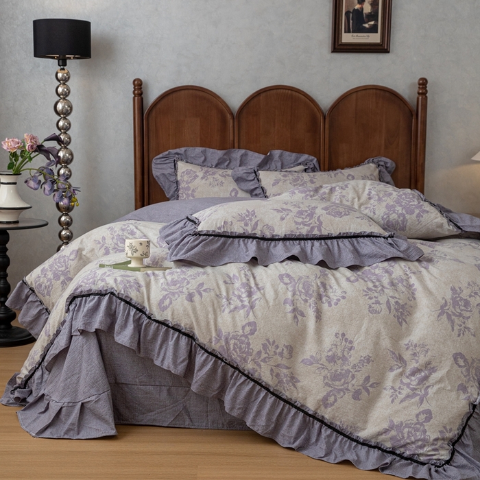 91家纺网 家纺一手货源 找家纺 芯贝儿 2025新款加厚原麻复古风亚麻皱皱双层纱水洗m花边四件套 花影--紫