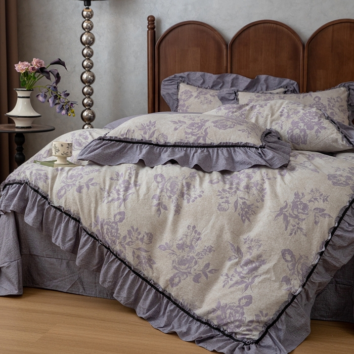 91家纺网 家纺一手货源 找家纺 芯贝儿 2025新款加厚原麻复古风亚麻皱皱双层纱水洗m花边四件套 花影--紫