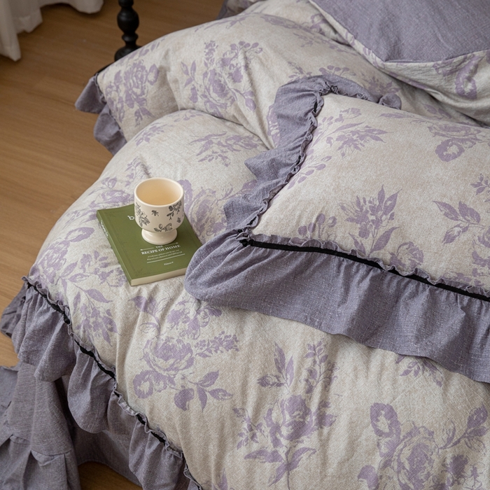 91家纺网 家纺一手货源 找家纺 芯贝儿 2025新款加厚原麻复古风亚麻皱皱双层纱水洗m花边四件套 花影--紫