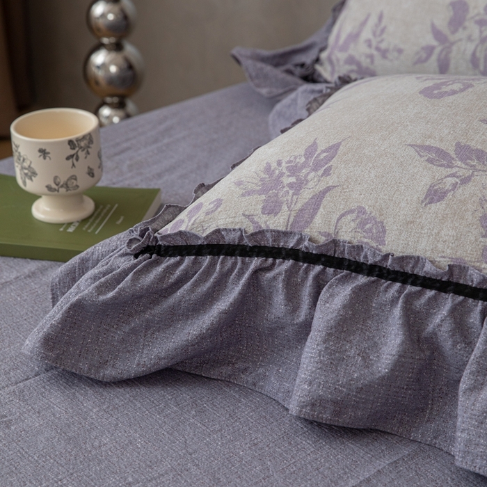 91家纺网 家纺一手货源 找家纺 芯贝儿 2025新款加厚原麻复古风亚麻皱皱双层纱水洗m花边四件套 花影--紫