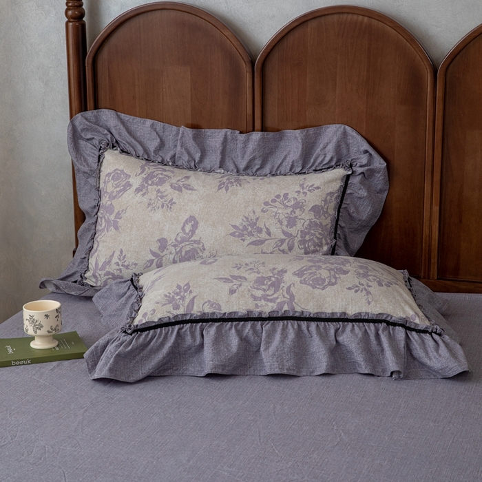 91家纺网 家纺一手货源 找家纺 芯贝儿 2025新款加厚原麻复古风亚麻皱皱双层纱水洗m花边四件套 花影--紫