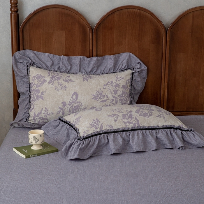 91家纺网 家纺一手货源 找家纺 芯贝儿 2025新款加厚原麻复古风亚麻皱皱双层纱水洗m花边四件套 花影--紫