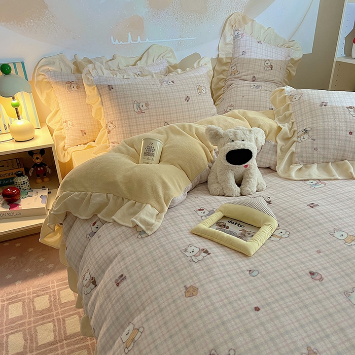 91家纺网 家纺一手货源 找家纺 （总）桃子家居 2025新款A类ins韩版花边少女心可爱卡通碎花加厚牛奶绒四件套