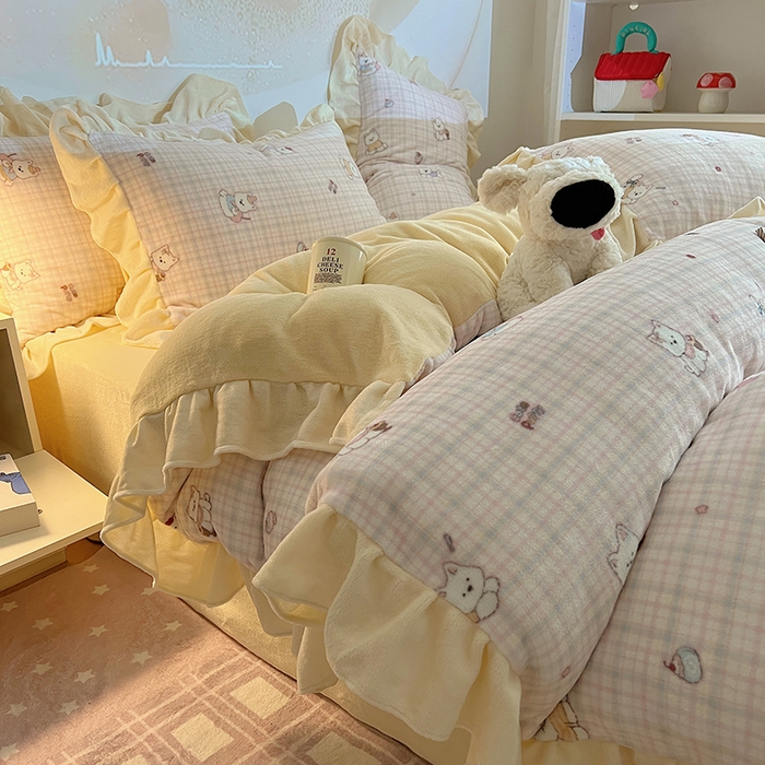 91家纺网 家纺一手货源 找家纺 （总）桃子家居 2025新款A类ins韩版花边少女心可爱卡通碎花加厚牛奶绒四件套