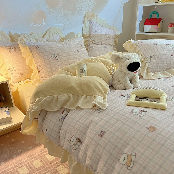 91家纺网 家纺一手货源 找家纺 （总）桃子家居 2025新款A类ins韩版花边少女心可爱卡通碎花加厚牛奶绒四件套