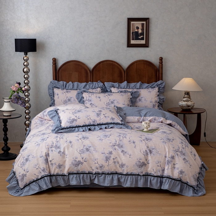 91家纺网 家纺一手货源 找家纺 芯贝儿 2025新款加厚原麻复古风亚麻皱皱双层纱水洗m花边四件套 花之舞