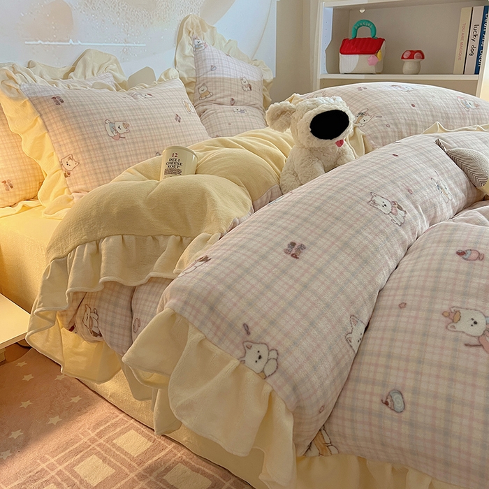 91家纺网 家纺一手货源 找家纺 （总）桃子家居 2025新款A类ins韩版花边少女心可爱卡通碎花加厚牛奶绒四件套