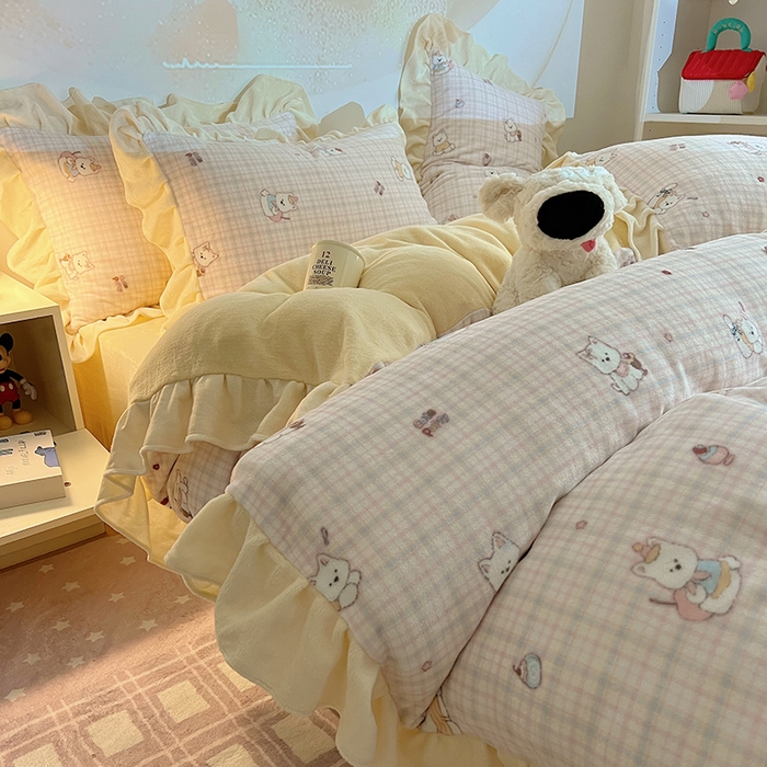 91家纺网 家纺一手货源 找家纺 （总）桃子家居 2025新款A类ins韩版花边少女心可爱卡通碎花加厚牛奶绒四件套