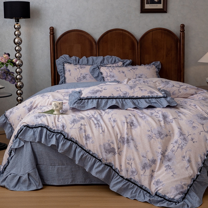 91家纺网 家纺一手货源 找家纺 芯贝儿 2025新款加厚原麻复古风亚麻皱皱双层纱水洗m花边四件套 花之舞