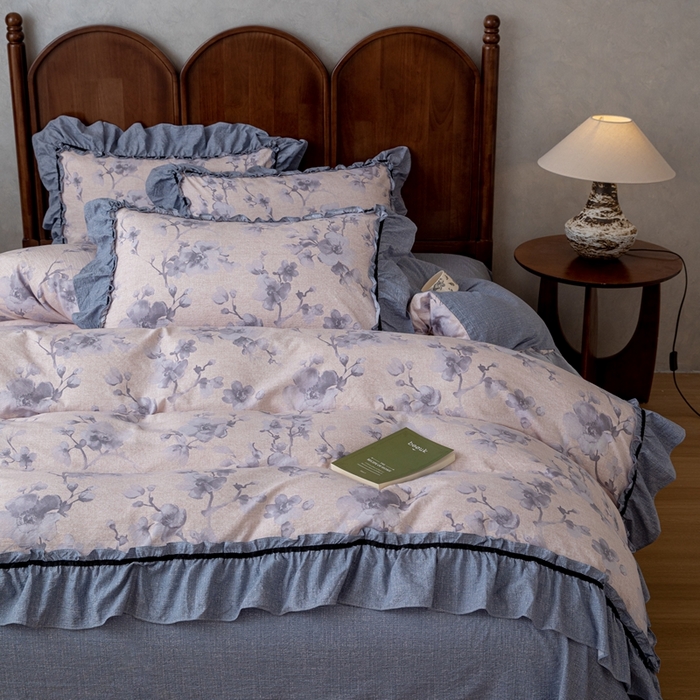 91家纺网 家纺一手货源 找家纺 芯贝儿 2025新款加厚原麻复古风亚麻皱皱双层纱水洗m花边四件套 花之舞