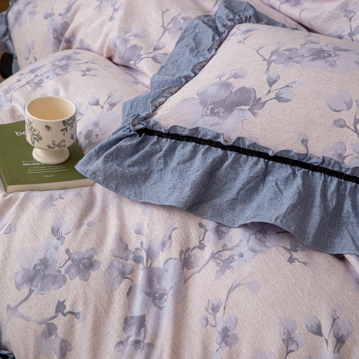 91家纺网 家纺一手货源 找家纺 芯贝儿 2025新款加厚原麻复古风亚麻皱皱双层纱水洗m花边四件套 花之舞