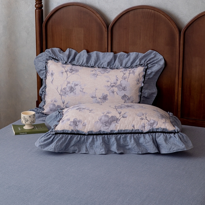 91家纺网 家纺一手货源 找家纺 芯贝儿 2025新款加厚原麻复古风亚麻皱皱双层纱水洗m花边四件套 花之舞