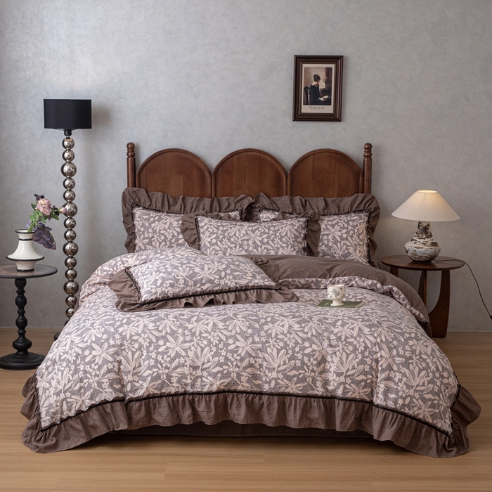 91家纺网 家纺一手货源 找家纺 芯贝儿 2025新款加厚原麻复古风亚麻皱皱双层纱水洗m花边四件套 玛丽时光