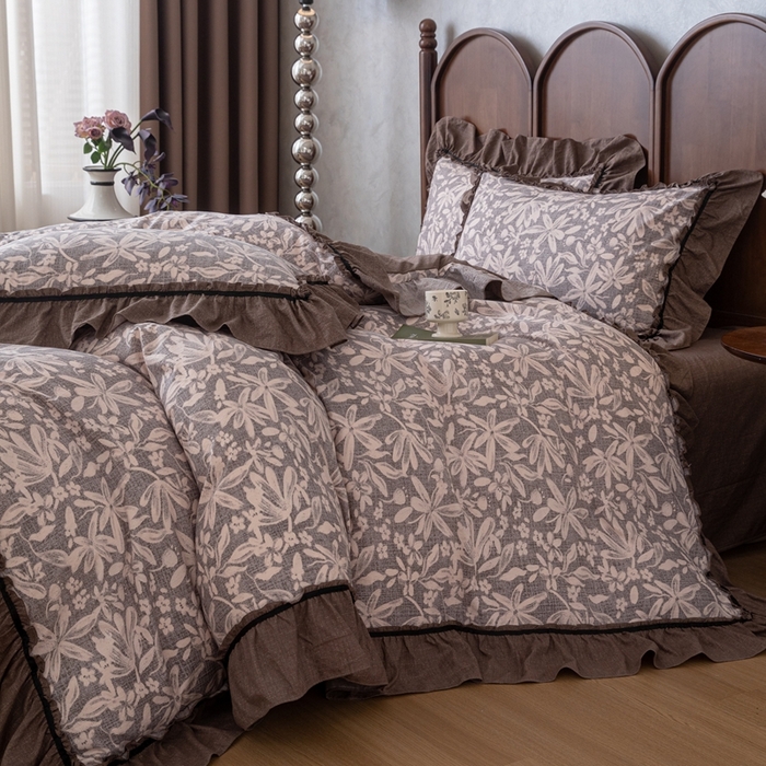 91家纺网 家纺一手货源 找家纺 芯贝儿 2025新款加厚原麻复古风亚麻皱皱双层纱水洗m花边四件套 玛丽时光