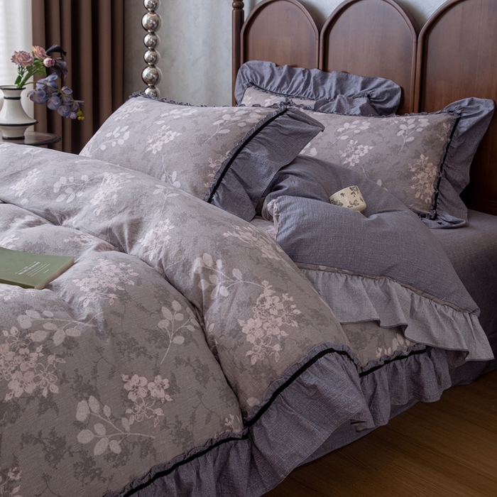 芯贝儿 2025新款加厚原麻复古风亚麻皱皱双层纱水洗m花边四件套 曼妙花园