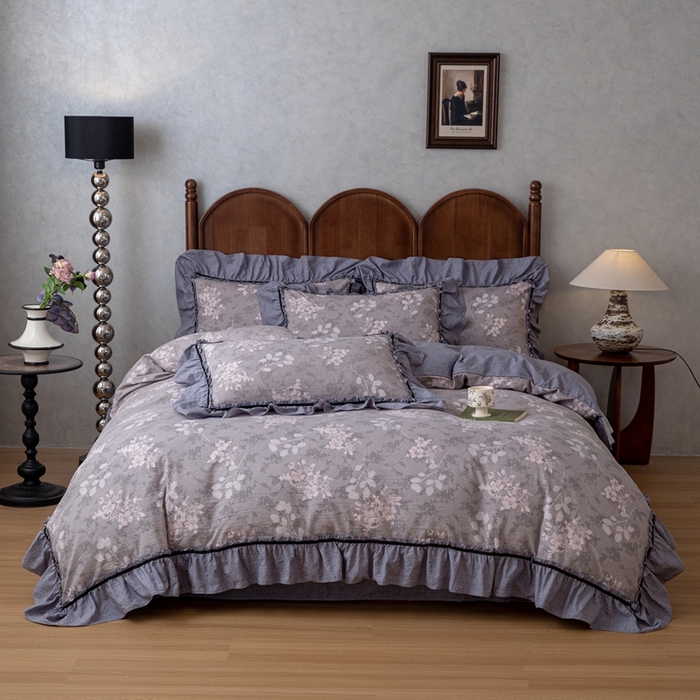 91家纺网 家纺一手货源 找家纺 芯贝儿 2025新款加厚原麻复古风亚麻皱皱双层纱水洗m花边四件套 曼妙花园