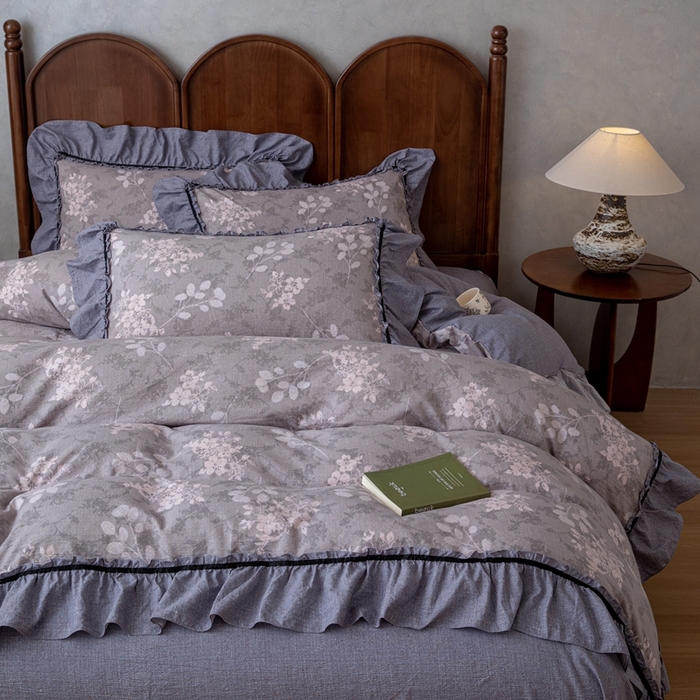 91家纺网 家纺一手货源 找家纺 芯贝儿 2025新款加厚原麻复古风亚麻皱皱双层纱水洗m花边四件套 曼妙花园