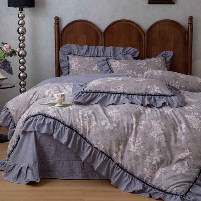 91家纺网 家纺一手货源 找家纺 芯贝儿 2025新款加厚原麻复古风亚麻皱皱双层纱水洗m花边四件套 曼妙花园