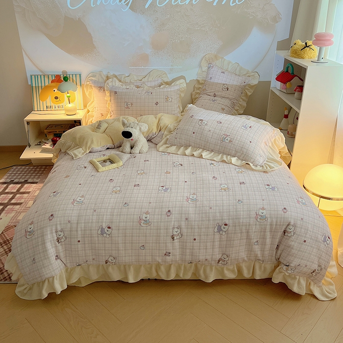 91家纺网 家纺一手货源 找家纺 （总）桃子家居 2025新款A类ins韩版花边少女心可爱卡通碎花加厚牛奶绒四件套