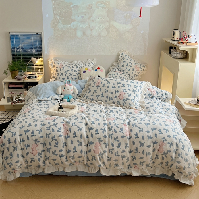 91家纺网 家纺一手货源 找家纺 （总）桃子家居 2025新款A类ins韩版花边少女心可爱卡通碎花加厚牛奶绒四件套