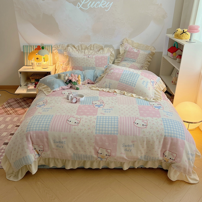 91家纺网 家纺一手货源 找家纺 （总）桃子家居 2025新款A类ins韩版花边少女心可爱卡通碎花加厚牛奶绒四件套