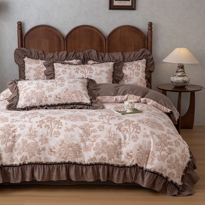 91家纺网 家纺一手货源 找家纺 芯贝儿 2025新款加厚原麻复古风亚麻皱皱双层纱水洗m花边四件套 墨尔本