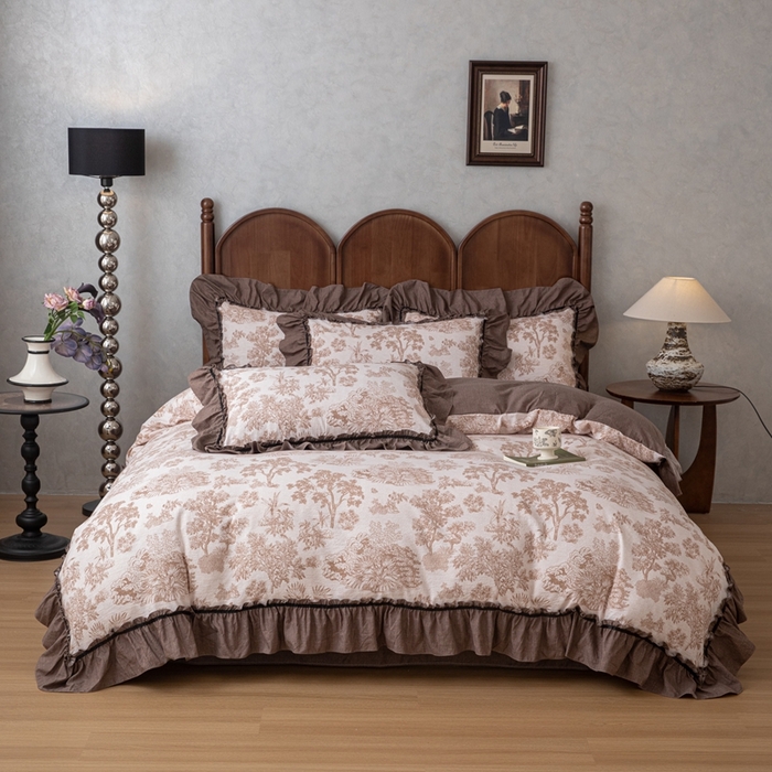 91家纺网 家纺一手货源 找家纺 芯贝儿 2025新款加厚原麻复古风亚麻皱皱双层纱水洗m花边四件套 墨尔本