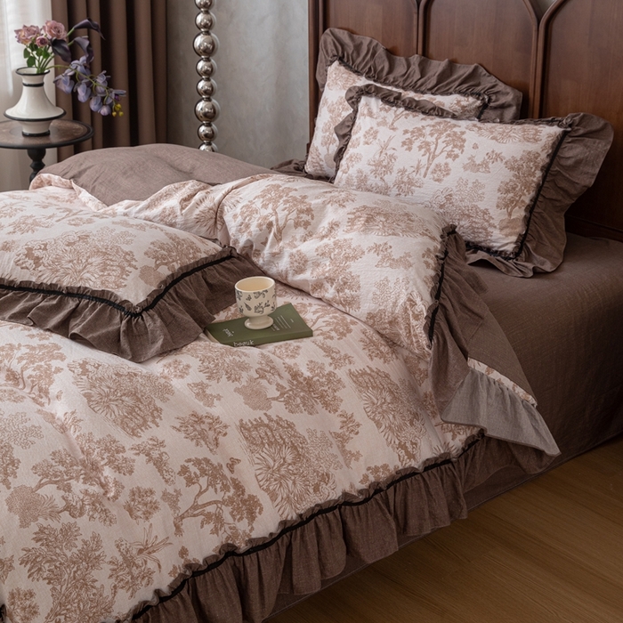 91家纺网 家纺一手货源 找家纺 芯贝儿 2025新款加厚原麻复古风亚麻皱皱双层纱水洗m花边四件套 墨尔本