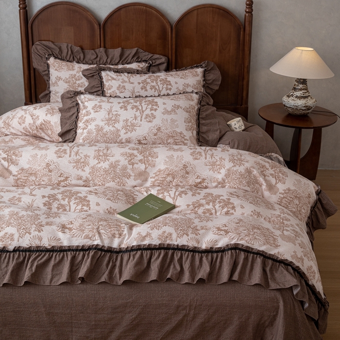 91家纺网 家纺一手货源 找家纺 芯贝儿 2025新款加厚原麻复古风亚麻皱皱双层纱水洗m花边四件套 墨尔本