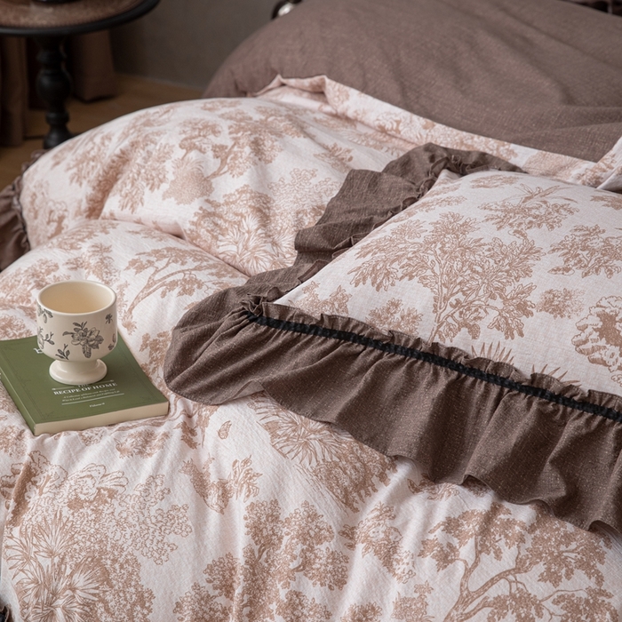 91家纺网 家纺一手货源 找家纺 芯贝儿 2025新款加厚原麻复古风亚麻皱皱双层纱水洗m花边四件套 墨尔本