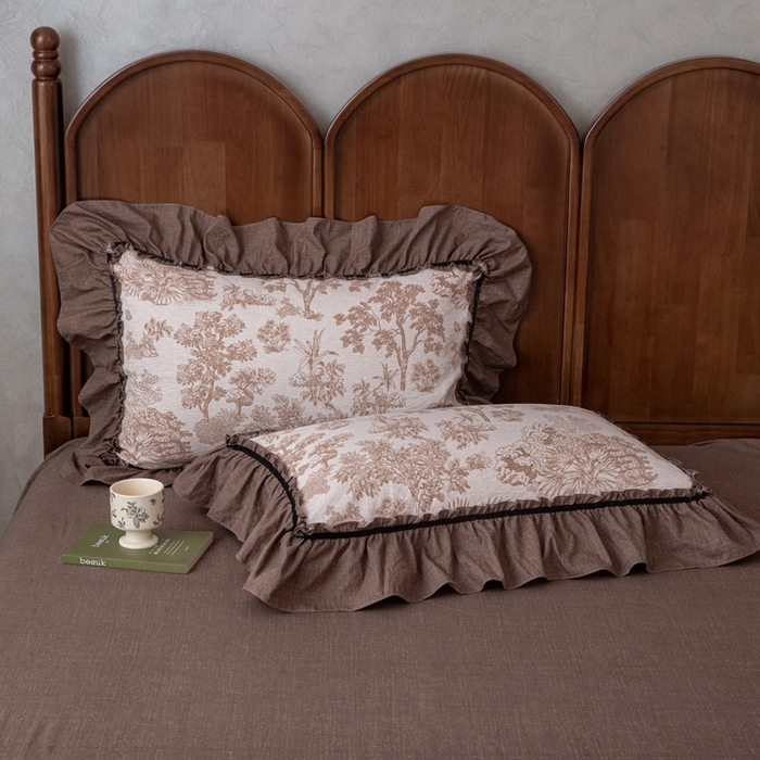 91家纺网 家纺一手货源 找家纺 芯贝儿 2025新款加厚原麻复古风亚麻皱皱双层纱水洗m花边四件套 墨尔本