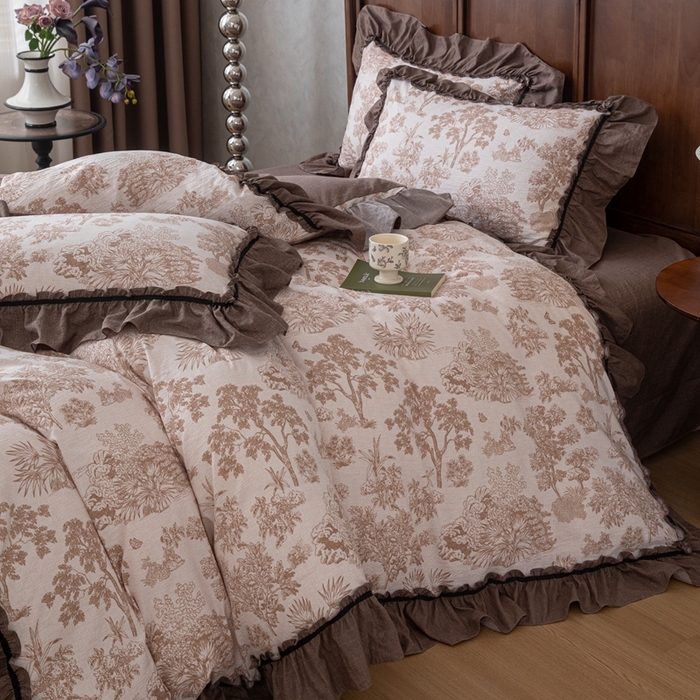 91家纺网 家纺一手货源 找家纺 芯贝儿 2025新款加厚原麻复古风亚麻皱皱双层纱水洗m花边四件套 墨尔本