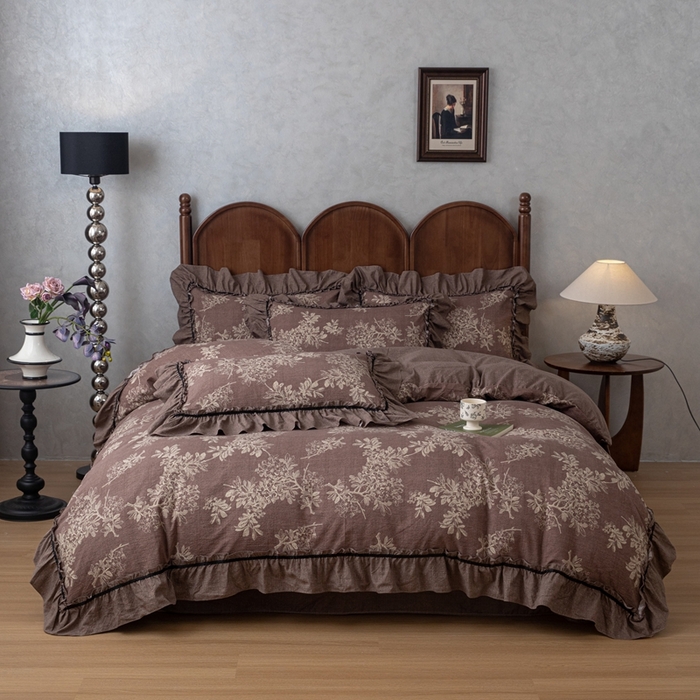 91家纺网 家纺一手货源 找家纺 芯贝儿 2025新款加厚原麻复古风亚麻皱皱双层纱水洗m花边四件套 秋意浓