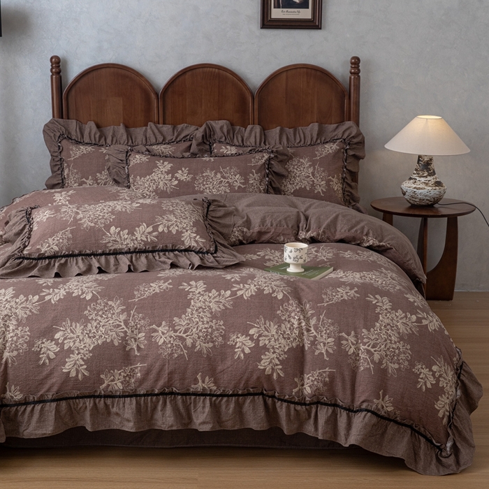 91家纺网 家纺一手货源 找家纺 芯贝儿 2025新款加厚原麻复古风亚麻皱皱双层纱水洗m花边四件套 秋意浓