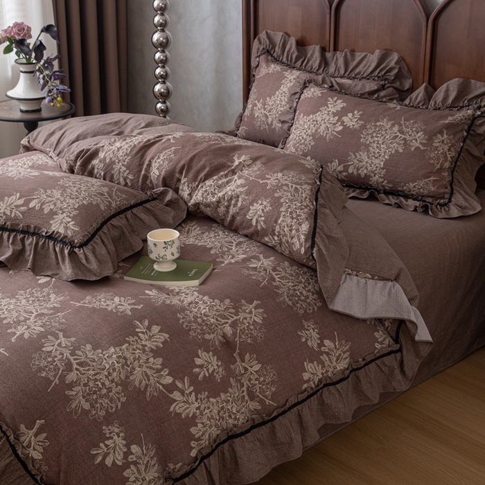 91家纺网 家纺一手货源 找家纺 芯贝儿 2025新款加厚原麻复古风亚麻皱皱双层纱水洗m花边四件套 秋意浓