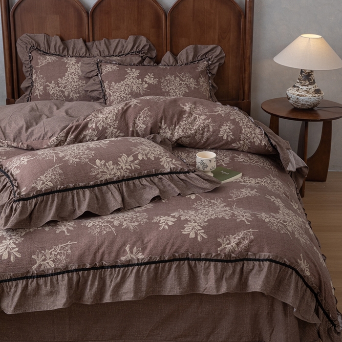 91家纺网 家纺一手货源 找家纺 芯贝儿 2025新款加厚原麻复古风亚麻皱皱双层纱水洗m花边四件套 秋意浓