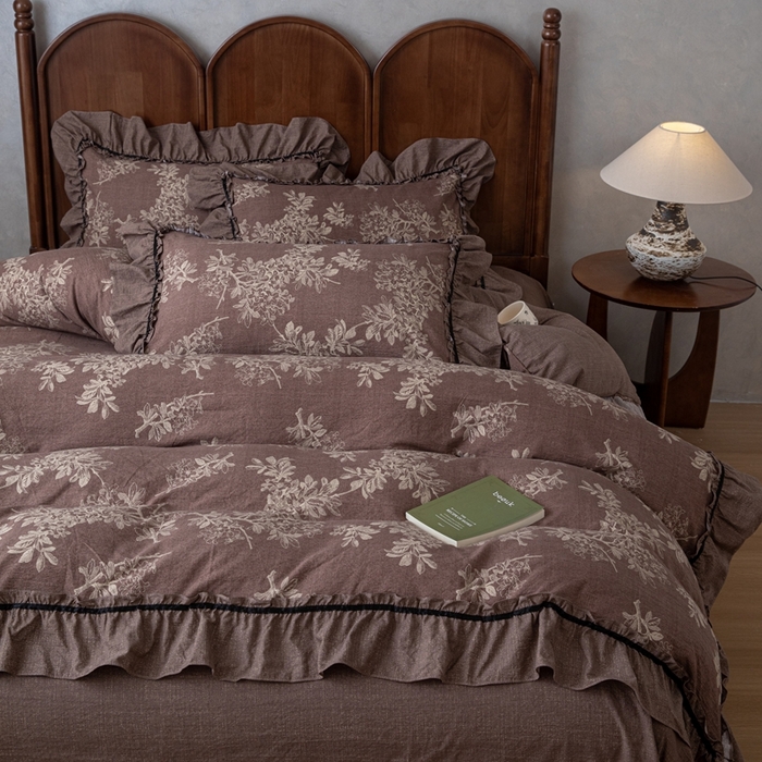 91家纺网 家纺一手货源 找家纺 芯贝儿 2025新款加厚原麻复古风亚麻皱皱双层纱水洗m花边四件套 秋意浓