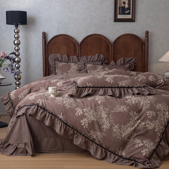 91家纺网 家纺一手货源 找家纺 芯贝儿 2025新款加厚原麻复古风亚麻皱皱双层纱水洗m花边四件套 秋意浓