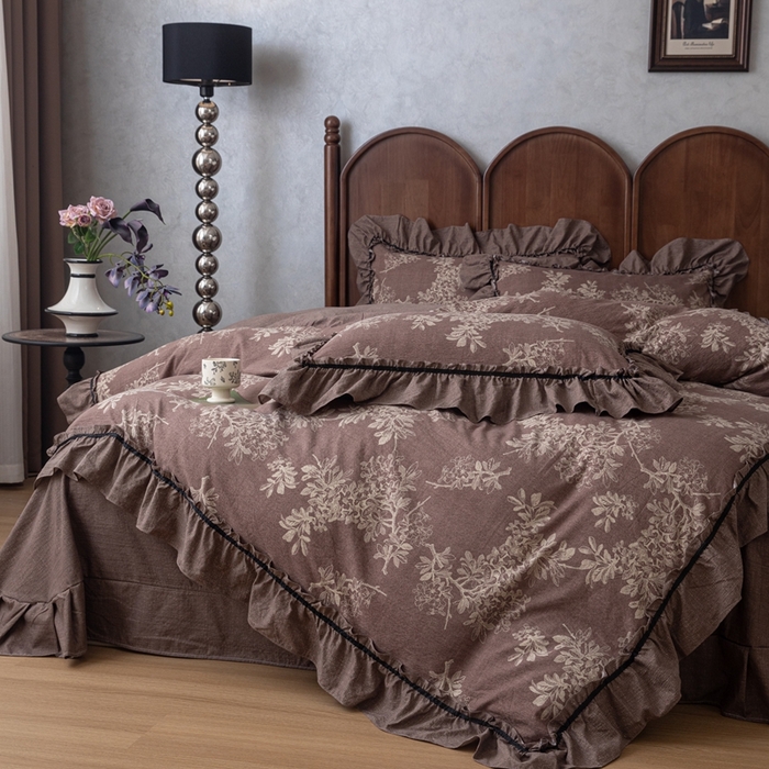 91家纺网 家纺一手货源 找家纺 芯贝儿 2025新款加厚原麻复古风亚麻皱皱双层纱水洗m花边四件套 秋意浓