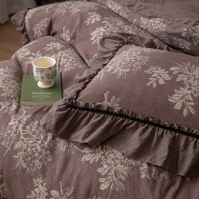 91家纺网 家纺一手货源 找家纺 芯贝儿 2025新款加厚原麻复古风亚麻皱皱双层纱水洗m花边四件套 秋意浓