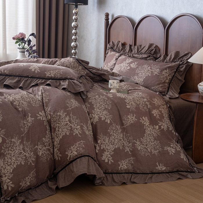 91家纺网 家纺一手货源 找家纺 芯贝儿 2025新款加厚原麻复古风亚麻皱皱双层纱水洗m花边四件套 秋意浓